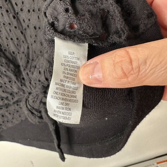 Allison Joy Black Eyelet Lace Front Tie 3/4 Sleeve Round Neck Blouse XS - Picture 7 of 10